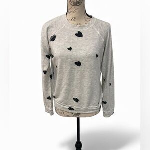 MONROW Heart Print Sweatshirt Gray Black Hearts XS Soft Cozy Pullover